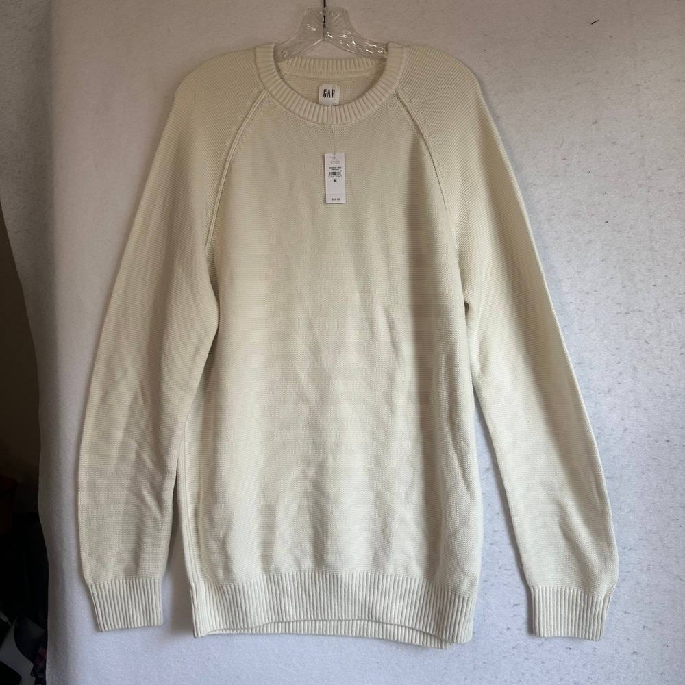Gap‎ Mens Crewneck Sweater Cream Off White Cotton Raglan Knit Medium 790430-04-1